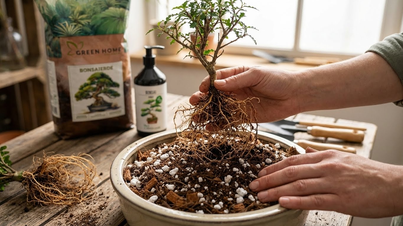 Umtopfen eines Bonsai mit Green Home Bonsai Erde – feines Wurzelsystem und luftige Spezialerde für gesundes Wachstum