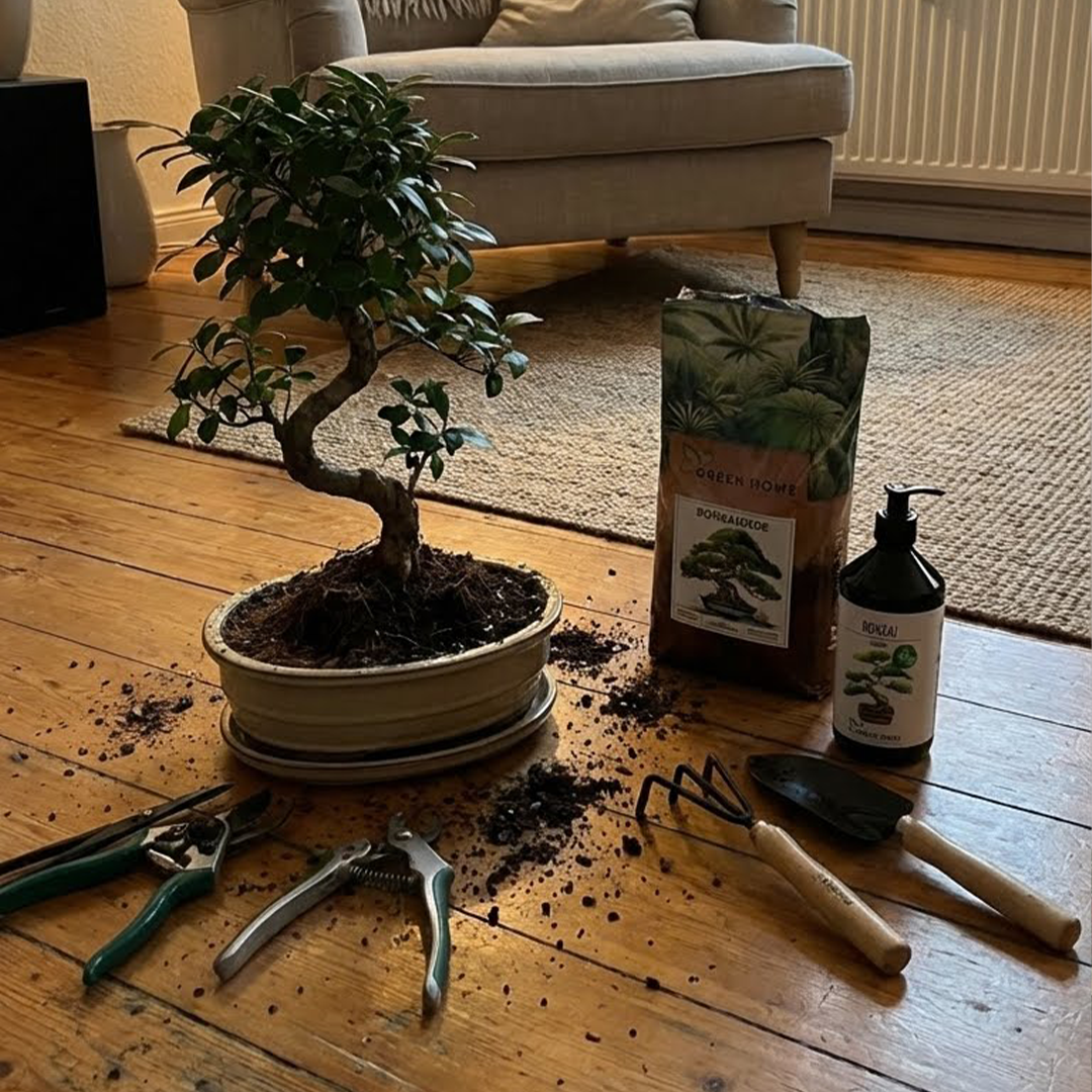 Bonsai Pflege Set im Wohnraum – Green Home Bonsai Erde und Bio-Dünger neben gepflegtem Miniaturbaum