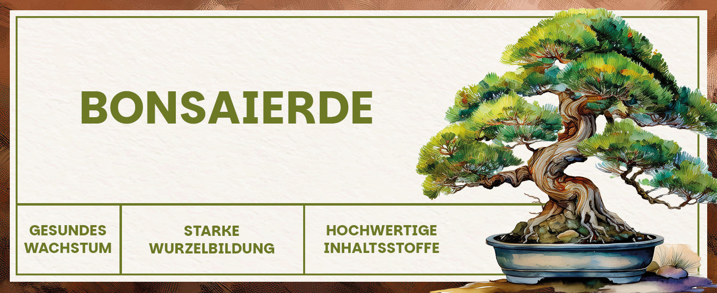 Banner zur Green Home Bonsaierde mit großem „BONSAIERDE“-Titel, Bonsai-Illustration und den Vorteilen: gesundes Wachstum, starke Wurzelbildung, hochwertige Inhaltsstoffe.