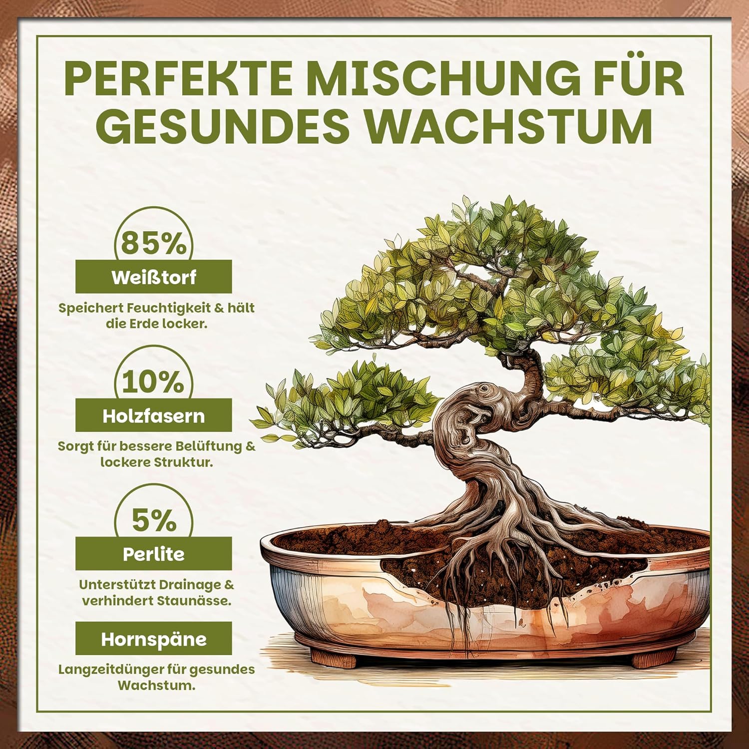 Darstellung der Zusammensetzung der Green Home Bonsaierde mit Prozentangaben zu Weißtorf, Holzfasern, Perlite und Hornspänen sowie Illustration eines Bonsai-Baums mit sichtbarem Wurzelbereich.