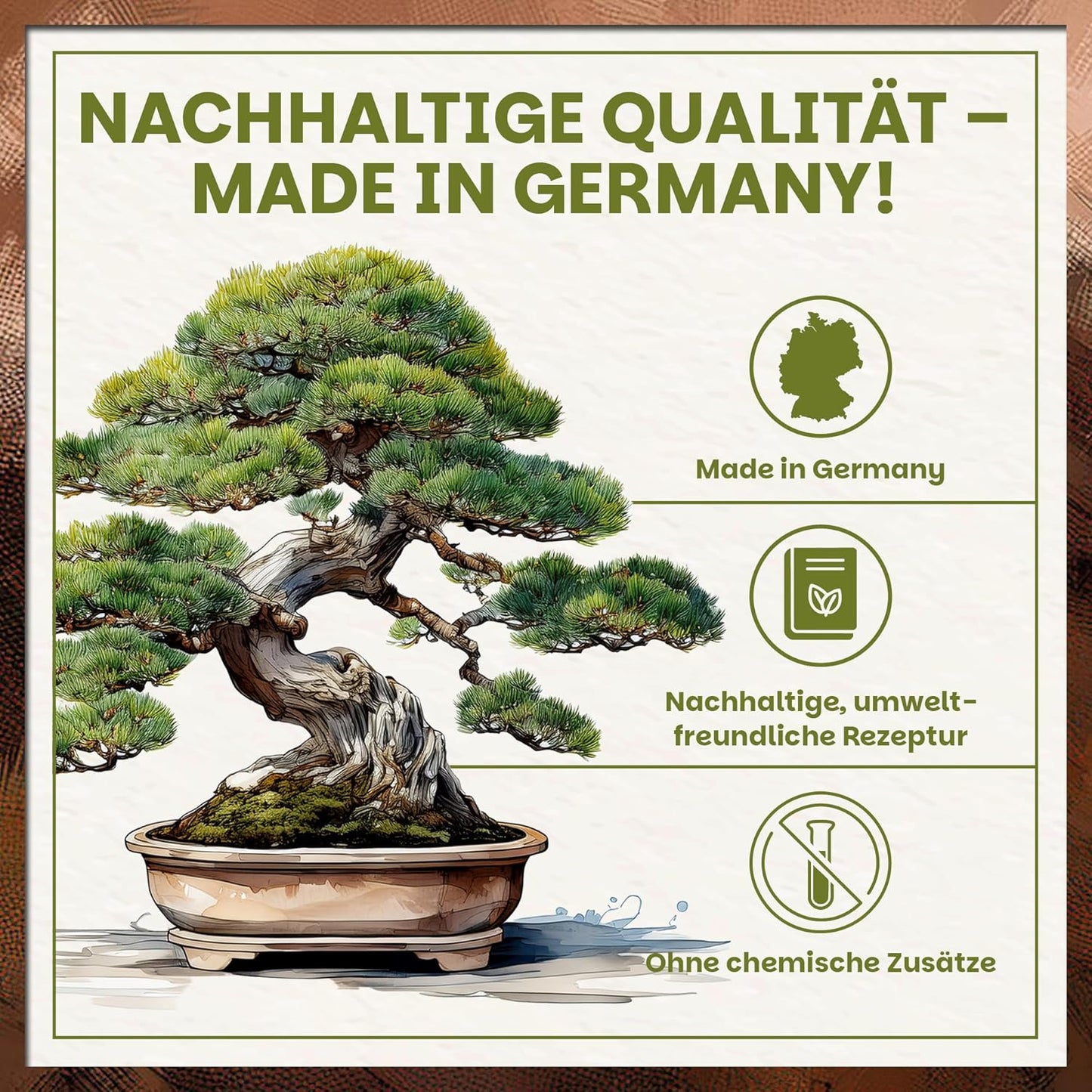 Infografik zur Green Home Bonsaierde mit Bonsai im Topf und Hinweisen auf Herstellung in Deutschland, nachhaltige Rezeptur und Verzicht auf chemische Zusätze.