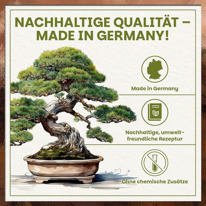 Infografik zur Green Home Bonsaierde mit Bonsai im Topf und Hinweisen auf Herstellung in Deutschland, nachhaltige Rezeptur und Verzicht auf chemische Zusätze.