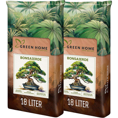 Zwei Säcke Green Home Bonsaierde à 18 Liter nebeneinander mit Bonsai-Abbildung und 18-Liter-Angabe auf beiden Verpackungen.