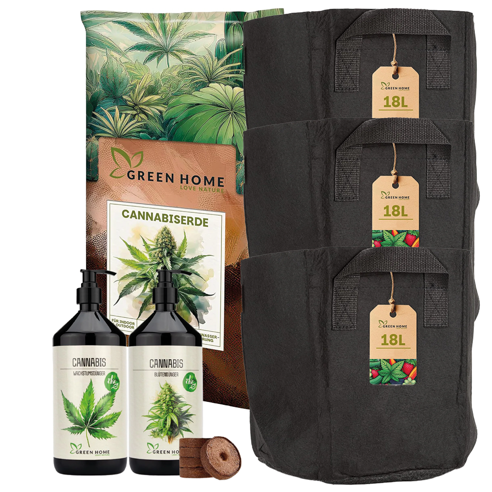 Komplettes Green Home Cannabis Starter Set mit 18 L Erde, Dünger-Set und 3 wiederverwendbaren Stoff-Pflanzsäcken.