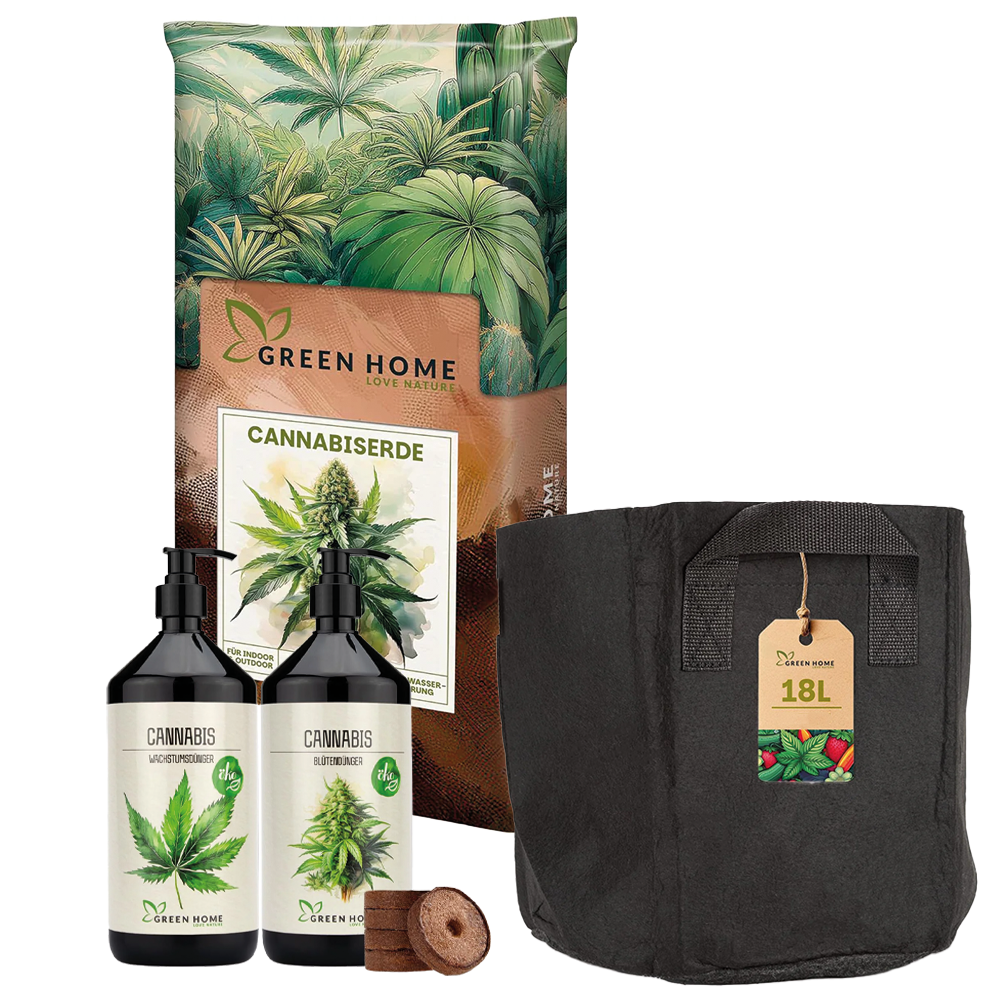 Green Home Cannabis Anbau Set mit 18 L Cannabis Erde, Wachstums- und Blütendünger sowie 1 Stoff-Pflanzsack für Indoor- und Outdoor-Grow.