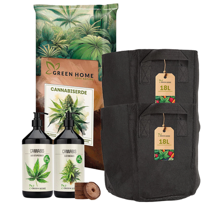 Green Home Cannabis Grow Set mit 18 L Spezialerde, organischem Wachstums- und Blütendünger und 2 robusten Stoff-Pflanzsäcken.