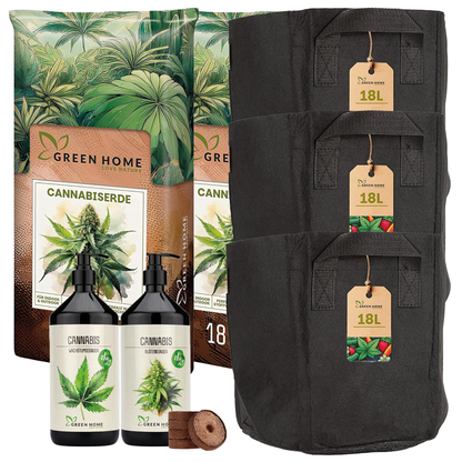Großes Green Home Cannabis Grow Set mit 36 L Spezialerde, Wachstums- und Blütendünger sowie 3 stabilen Stoff-Pflanzsäcken.