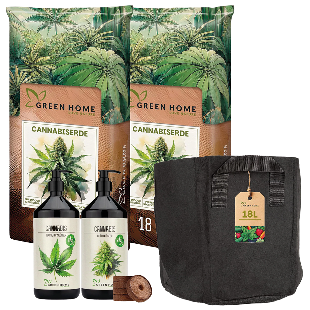 Green Home Cannabis Anbau Set mit 36 L hochwertiger Cannabis Erde, Wachstums- und Blütendünger sowie 1 großem Stoff-Pflanzsack.