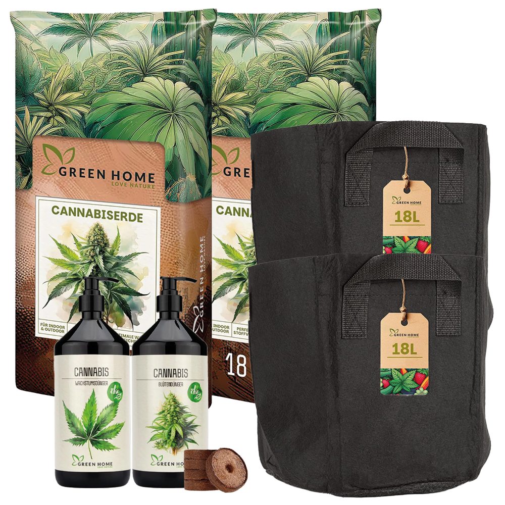 Green Home Grow Komplettset mit 36 L Cannabis Erde, organischem Dünger-Set und 2 atmungsaktiven Stoff-Pflanzsäcken.