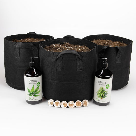 Green Home Cannabis Anbau Set mit drei Pflanzsäcken, Wachstums- und Blütendünger sowie mehreren Kokos-Quelltabletten.