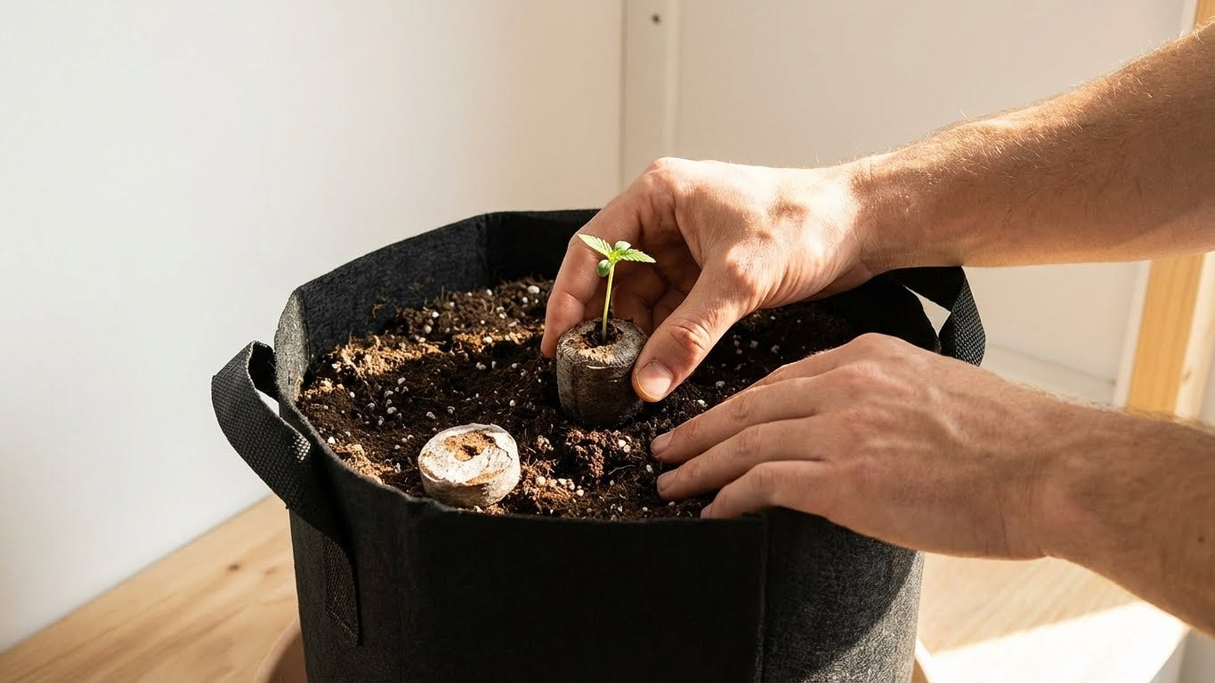 Hand setzt eine Kokos-Quelltablette mit Keimling in den Pflanzsack aus dem Green Home Cannabis Anbau Set ein.
