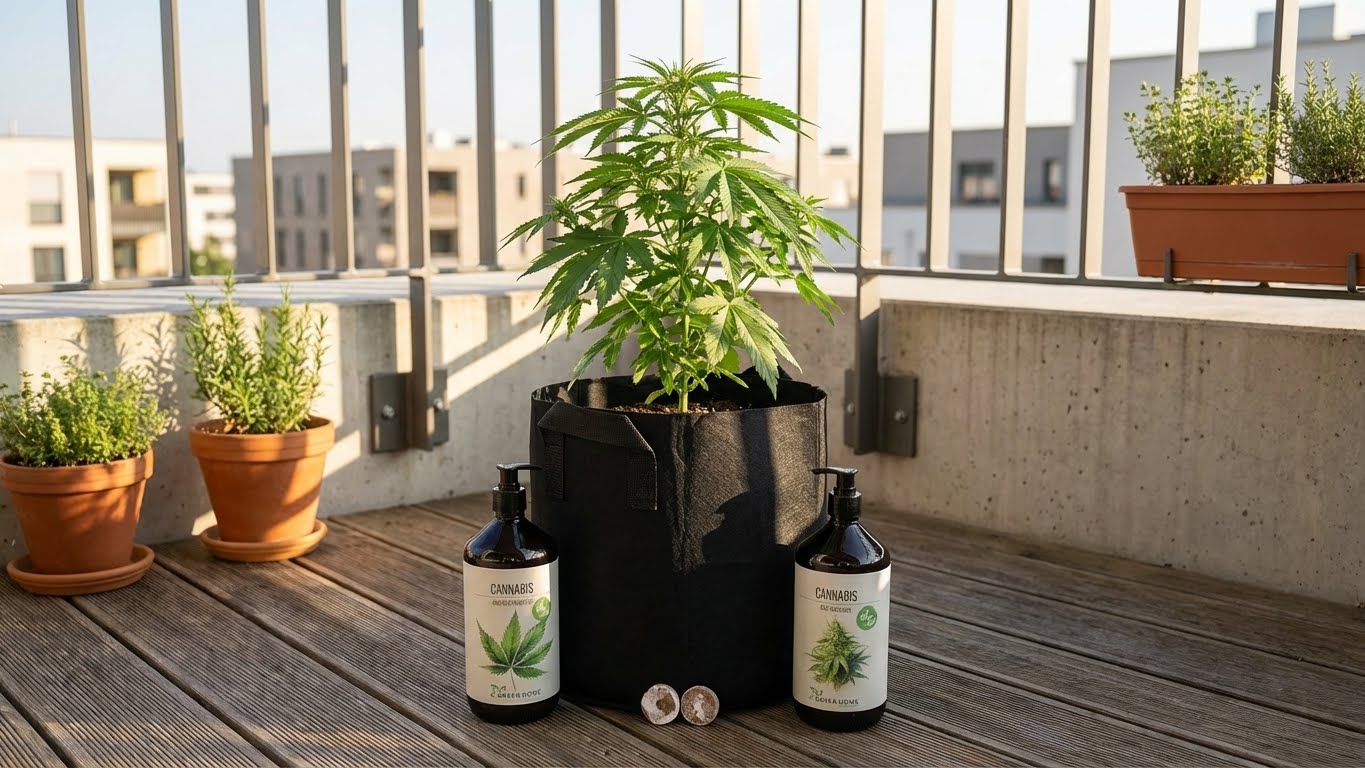 Cannabispflanze im Pflanzsack aus dem Green Home Cannabis Set auf einem Balkon mit Wachstums- und Blütendünger sowie Kokos-Quelltabletten.