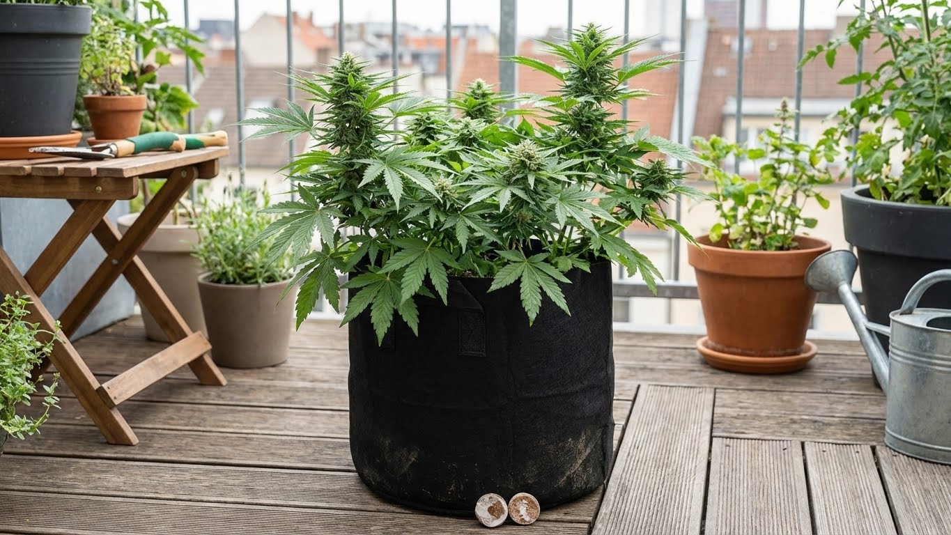 Cannabispflanze in der Blütephase im Pflanzsack aus dem Green Home Cannabis Anbau Set auf einem Balkon mit Gartenutensilien.