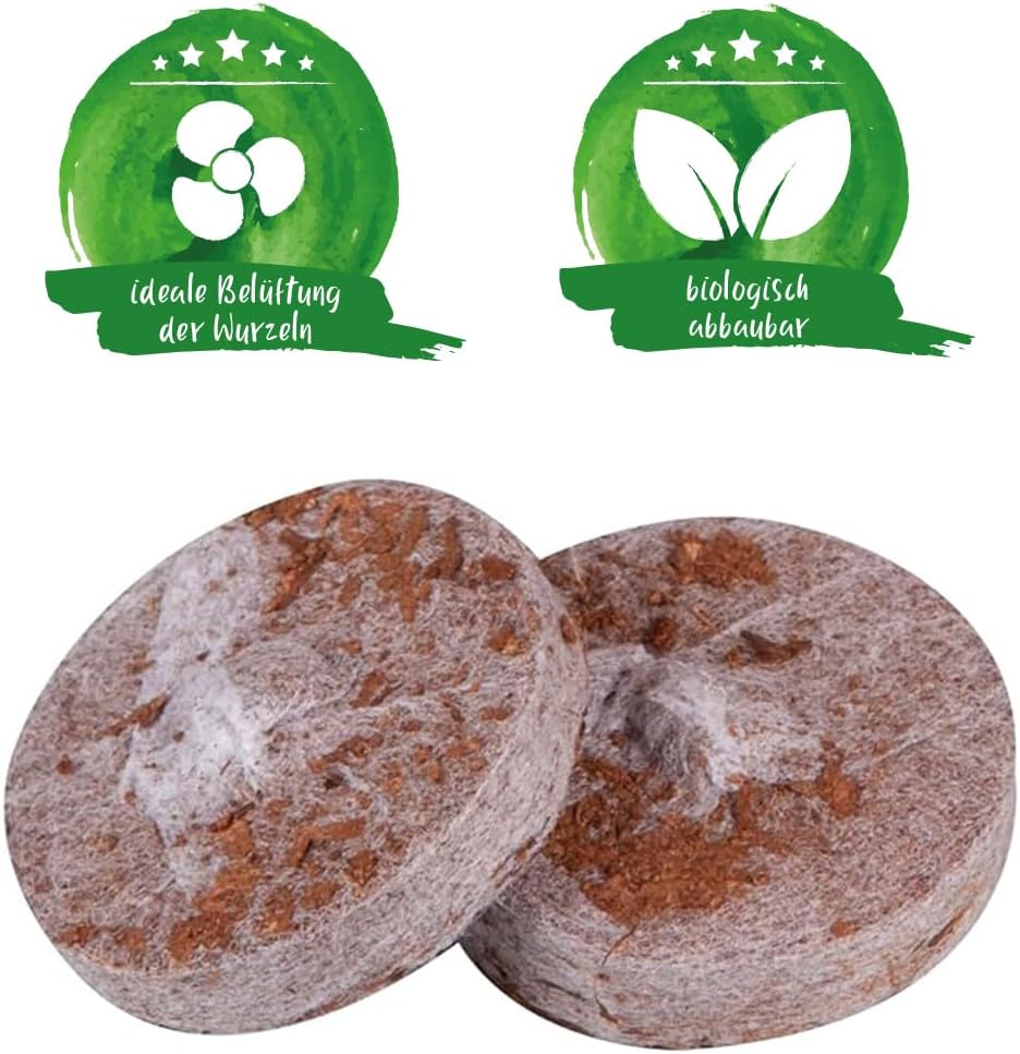 Kokos-Quelltabletten zur Jungpflanzenanzucht aus dem Green Home Cannabis Anbau Set, biologisch abbaubar und wurzelfreundlich.