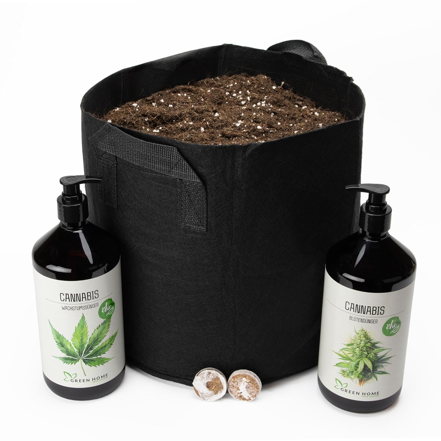 Green Home Cannabis Anbau Set mit schwarzem Pflanzsack, Wachstumsdünger, Blütendünger und Kokos-Quelltabletten.