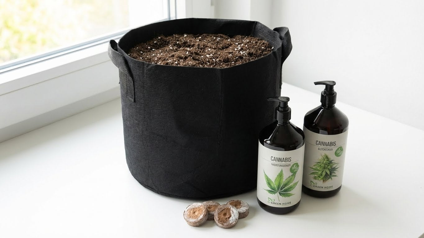 Green Home Cannabis Anbau Set mit Pflanzsack, Erde, Wachstums- und Blütendünger sowie Kokos-Quelltabletten auf einer Fensterbank.