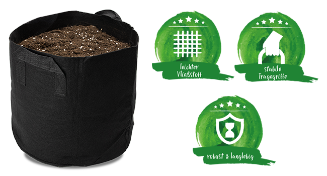 Schwarzer 18L Pflanzsack aus dem Green Home Cannabis Anbau Set mit Symbolen für leichten Vliesstoff, stabile Tragegriffe und robuste, langlebige Qualität.