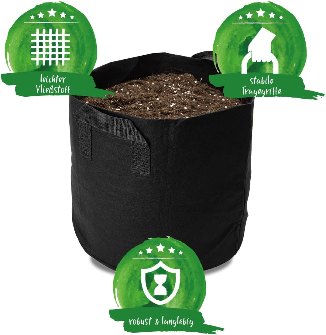 Pflanzsack aus dem Green Home Cannabis Anbau Set mit Hinweisen zu leichtem Vliesstoff, stabilen Tragegriffen sowie robuster und langlebiger Qualität.