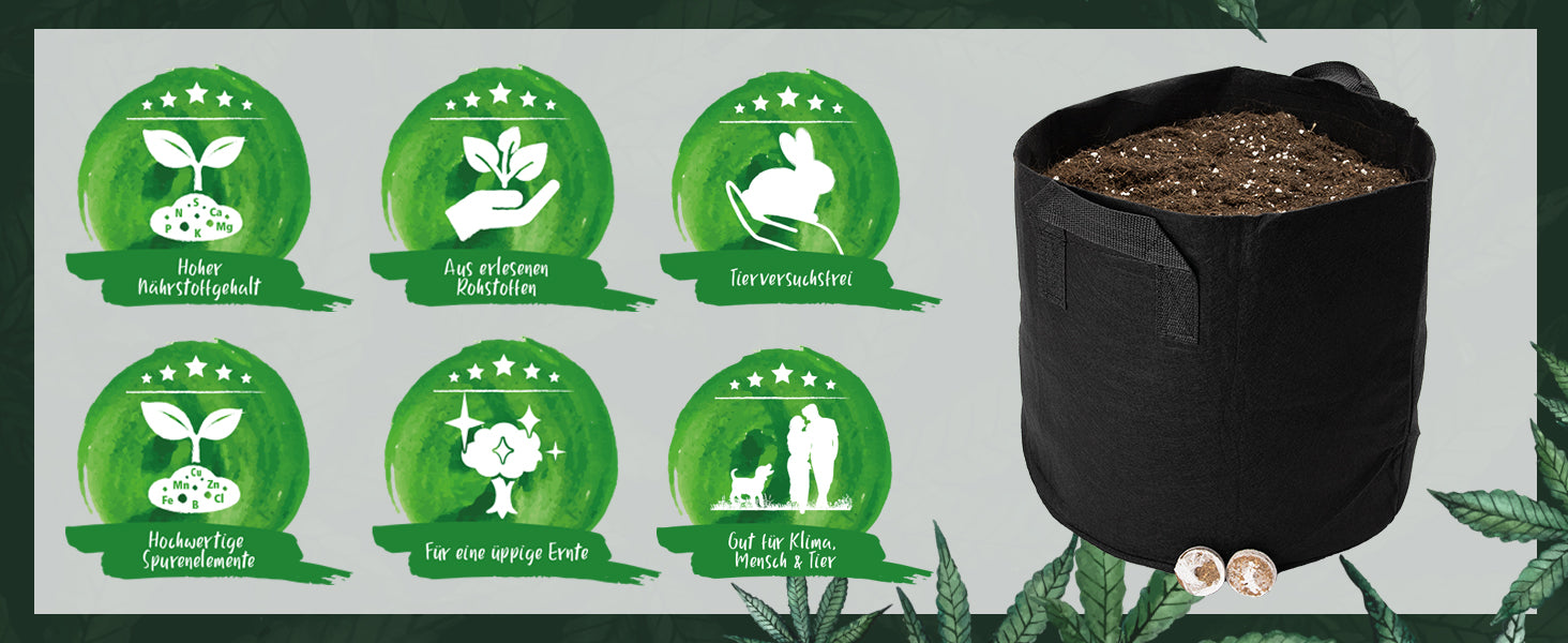 Pflanzsack aus dem Green Home Cannabis Anbau Set mit Icons zu hohem Nährstoffgehalt, ausgewählten Rohstoffen, tierversuchsfrei sowie gut für Klima, Mensch und Tier.