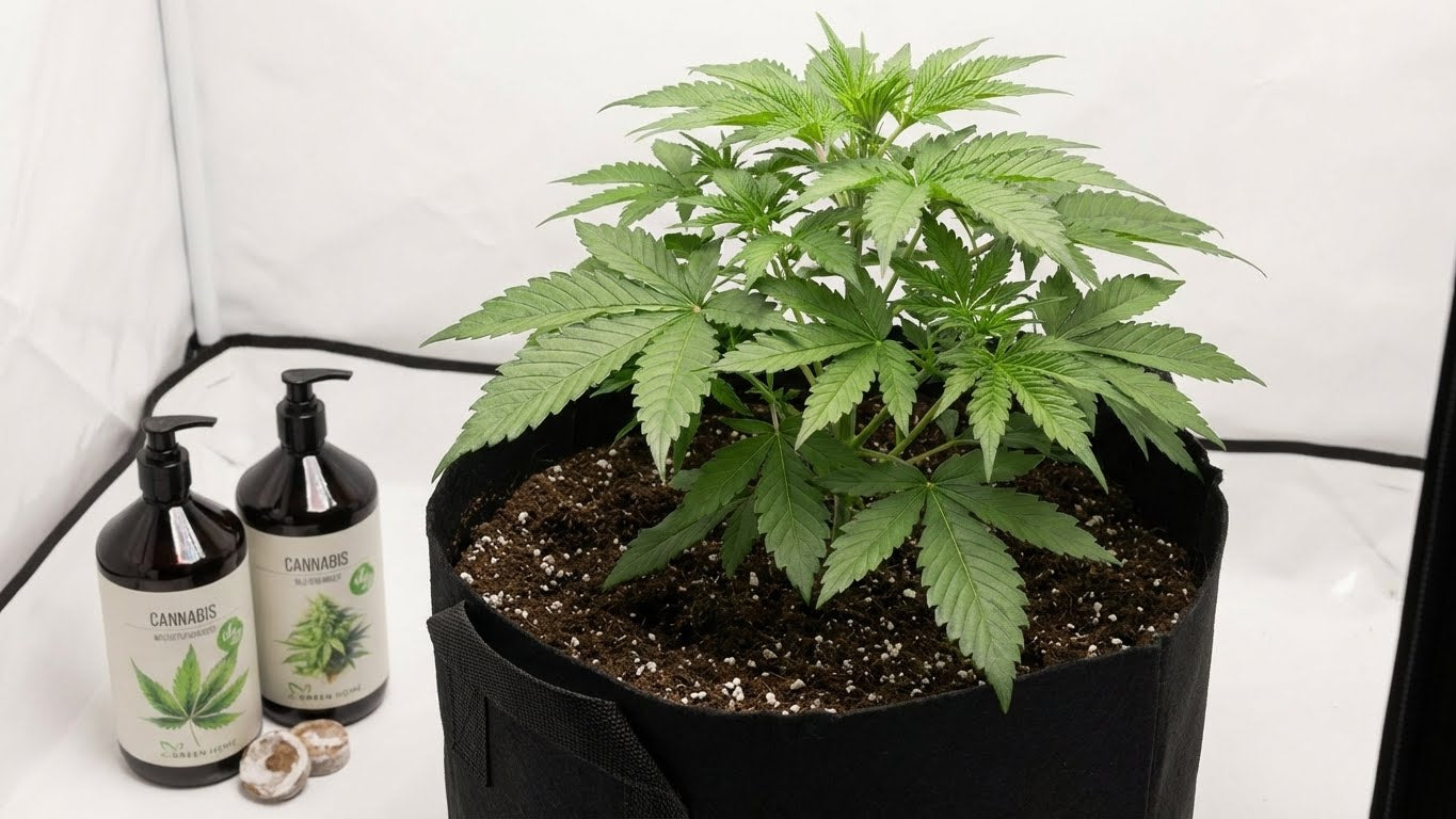 Cannabispflanze in der Wachstumsphase im Pflanzsack mit Green Home Wachstums- und Blütendünger im Indoor-Bereich.