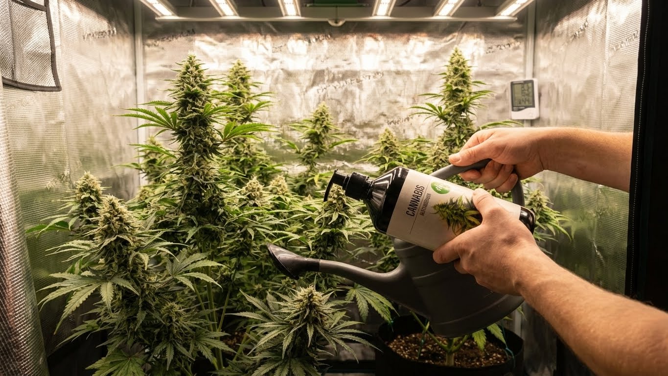 Anwendung des Green Home Cannabis Blütendüngers beim Gießen von blühenden Pflanzen im Indoor-Growzelt.