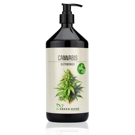 Green Home Cannabis Blütendünger in schwarzer Flasche mit Pumpspender zur Unterstützung der Blütephase.
