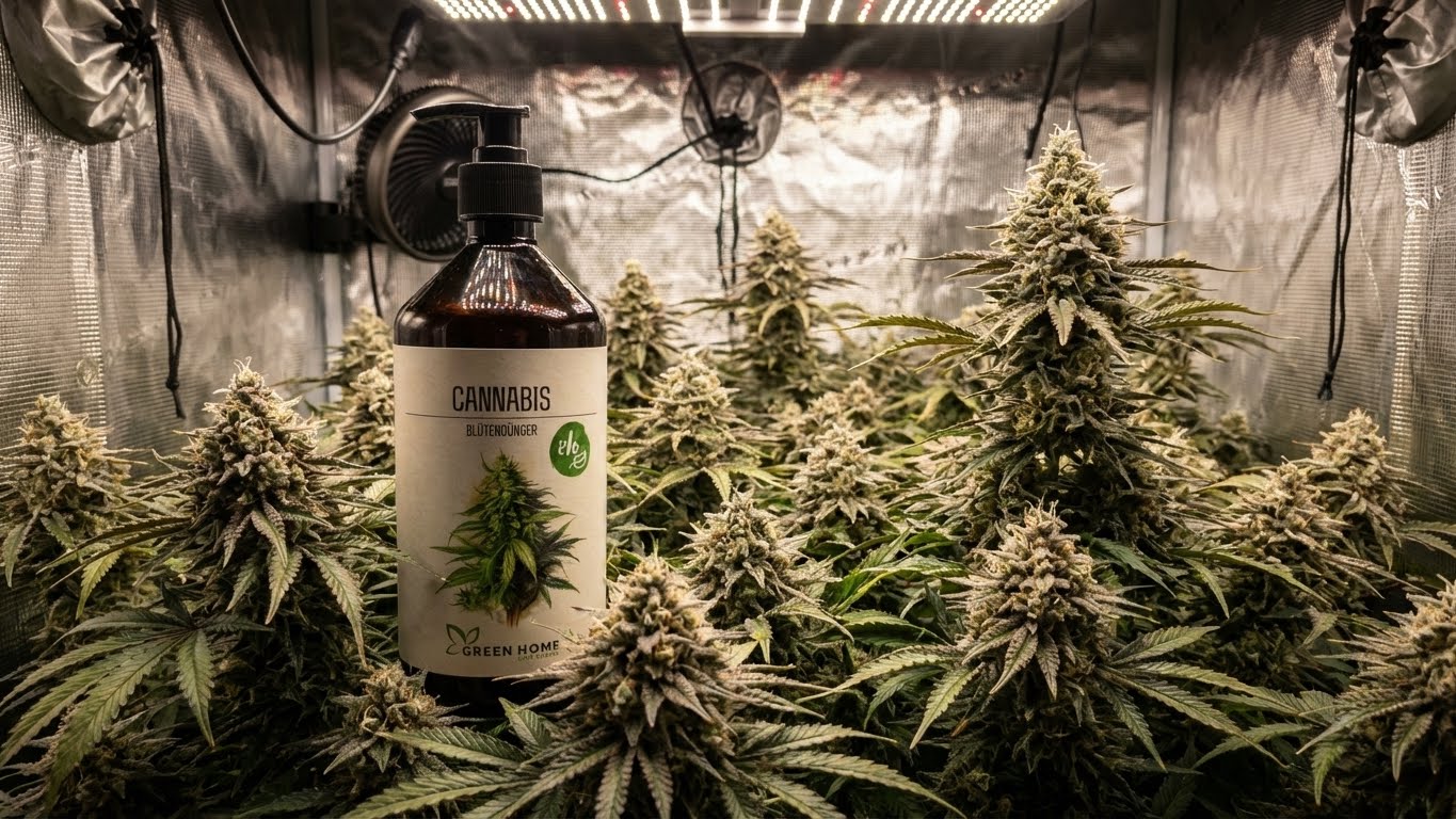 Green Home Cannabis Blütendünger Flasche im Indoor-Growzelt zwischen blühenden Cannabispflanzen unter LED-Beleuchtung.