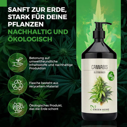 Green Home Cannabis Blütendünger Flasche mit Hinweis auf nachhaltige, ökologische Inhaltsstoffe und recycelte Verpackung vor Cannabis-Hintergrund