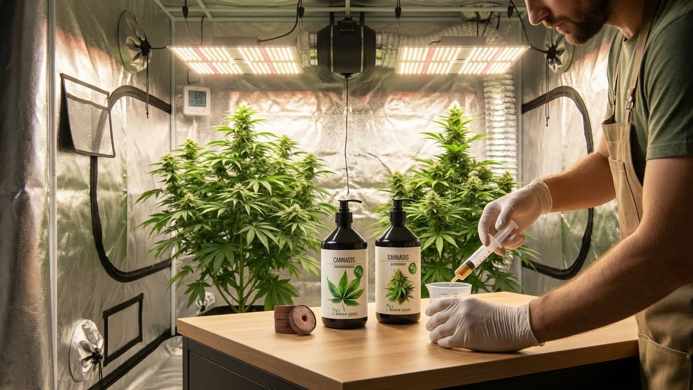 Professionelle Nutzung des Green Home Cannabis Dünger Sets im Growzelt – präzise Dosierung für gesunde, kräftige Pflanzen.