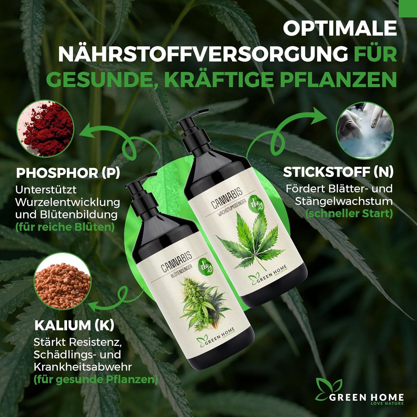 Optimale NPK-Nährstoffversorgung mit Stickstoff (N), Phosphor (P) und Kalium (K) für gesunde, kräftige und ertragreiche Cannabispflanzen.