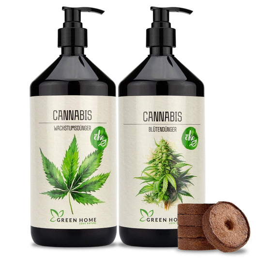 Green Home Cannabis Dünger Set mit Wachstumsdünger und Blütendünger inklusive Dosierpumpe für alle Wachstumsphasen.