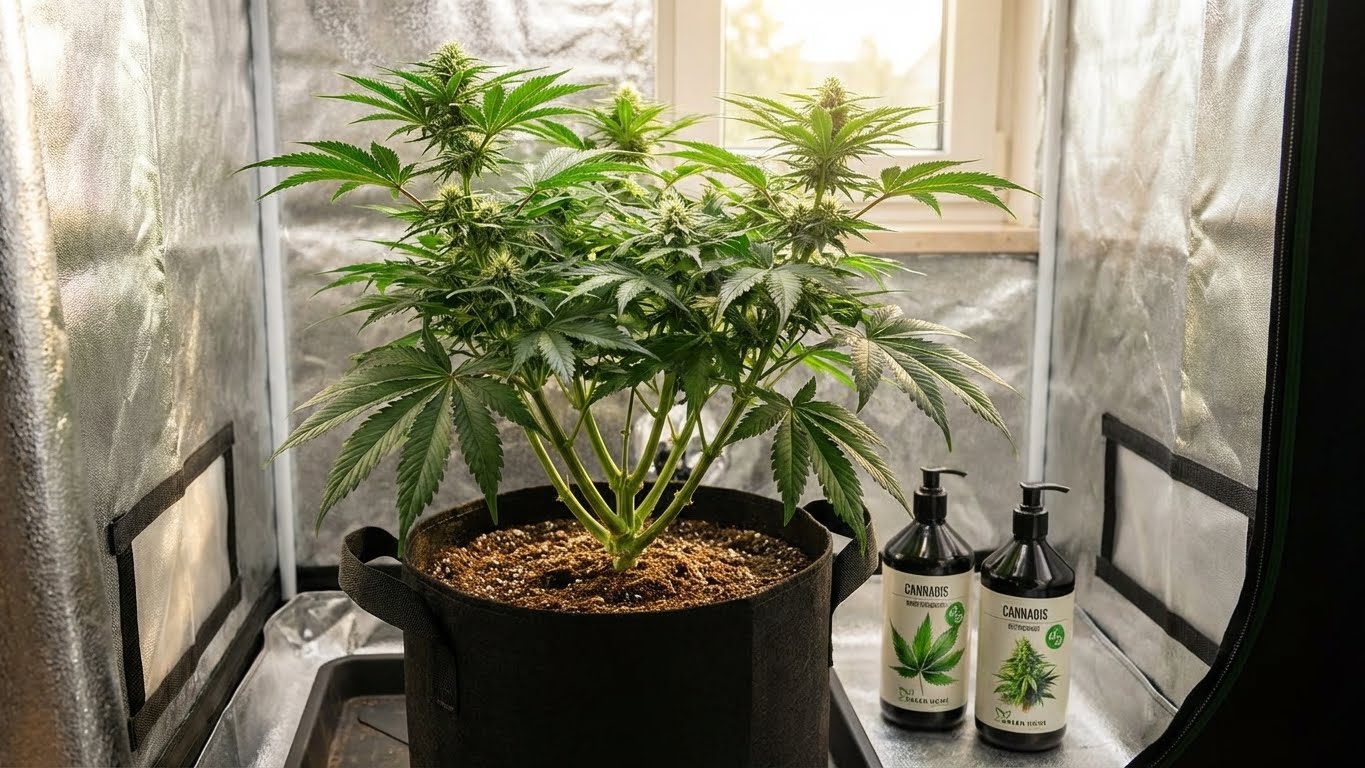 Cannabispflanze im Pflanzsack mit Green Home Wachstums- und Blütendünger in einem Indoor-Growzelt.