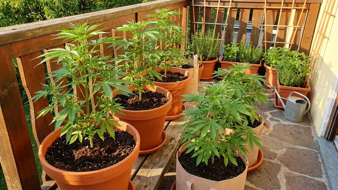 Mehrere Cannabispflanzen in Töpfen auf einem Balkon mit Green Home Grow Erde für den Outdoor-Anbau.