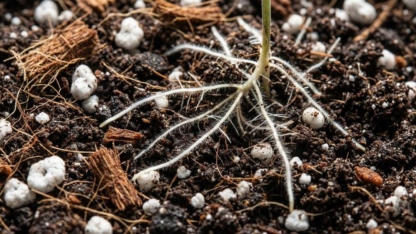 Detailaufnahme von Pflanzenwurzeln in der Green Home Cannabis Grow Erde mit sichtbaren Perlite- und Kokosfasern für optimale Belüftung.