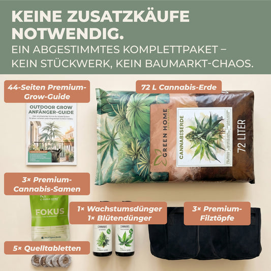 Inhalt des Cannabis Grow Set Fokus: 72 L Erde, 3 Royal Haze Auto Samen, Wachstums- und Blütendünger, 3 Filztöpfe, 5 Quelltabletten und 44-Seiten Grow-Guide