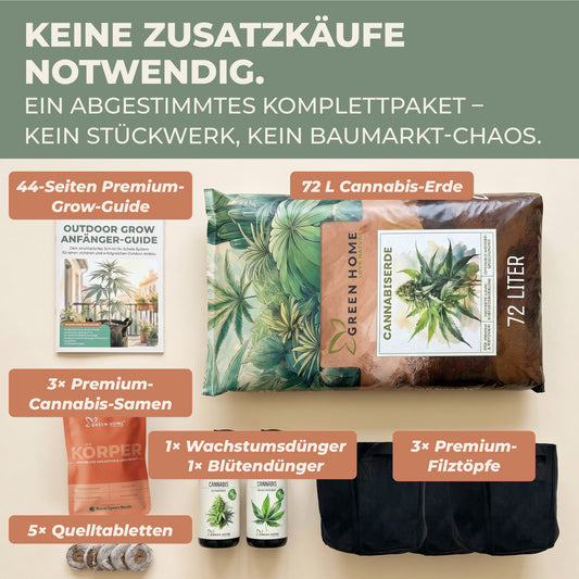 Inhalt des Cannabis Grow Set Körper: 72 L Erde, 3 Royal Cheese Auto Samen, Wachstums- und Blütendünger, 3 Filztöpfe, 5 Quelltabletten und 44-Seiten Grow-Guide