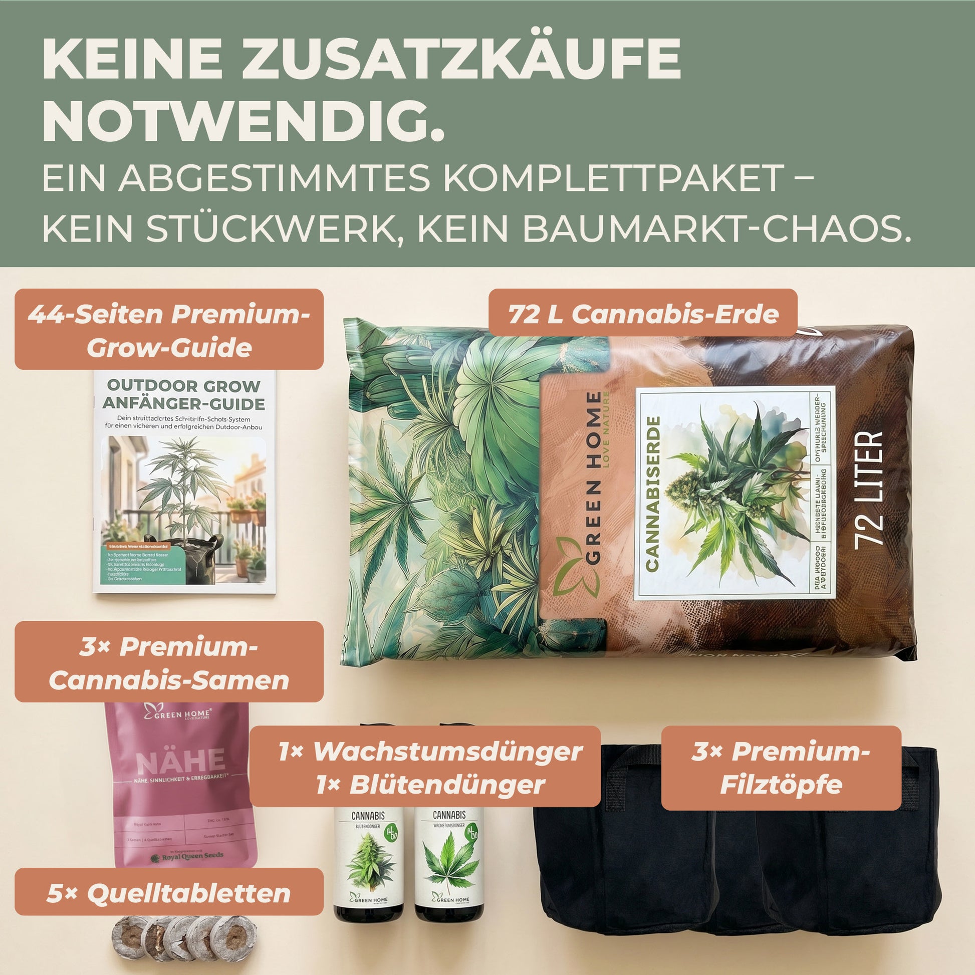 Inhalt des Cannabis Grow Set Nähe: 72 L Erde, 3 Royal Kush Auto Samen, Wachstums- und Blütendünger, 3 Filztöpfe, 5 Quelltabletten und 44-Seiten Grow-Guide