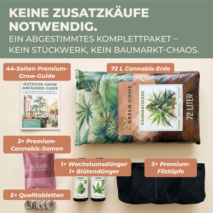 Inhalt des Cannabis Grow Set Nähe: 72 L Erde, 3 Royal Kush Auto Samen, Wachstums- und Blütendünger, 3 Filztöpfe, 5 Quelltabletten und 44-Seiten Grow-Guide