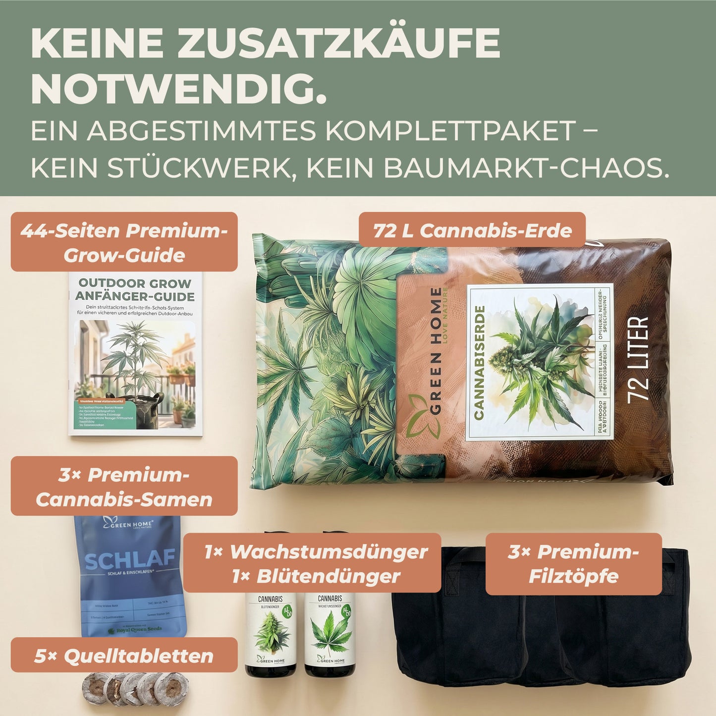 Inhalt des Cannabis Grow Set Schlaf: 72 L Erde, 3 White Widow Auto Samen, Wachstums- und Blütendünger, 3 Filztöpfe, 5 Quelltabletten und 44-Seiten Grow-Guide
