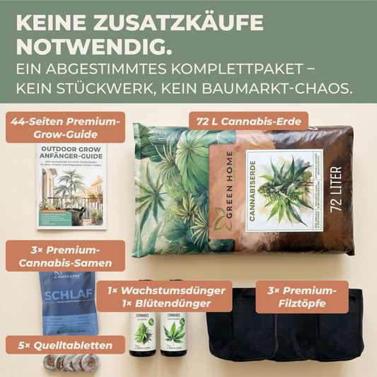 Inhalt des Cannabis Grow Set Schlaf: 72 L Erde, 3 White Widow Auto Samen, Wachstums- und Blütendünger, 3 Filztöpfe, 5 Quelltabletten und 44-Seiten Grow-Guide