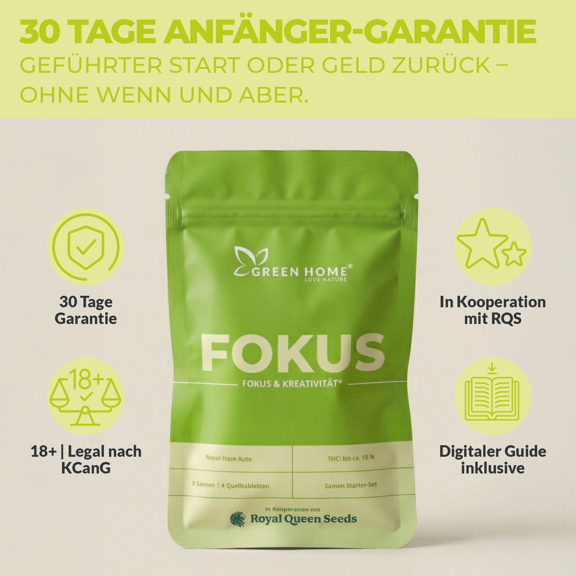 Green Home FOKUS Samen Starter-Set mit 30 Tage Anfänger-Garantie, legal nach KCanG, in Kooperation mit Royal Queen Seeds und inklusive digitalem Guide