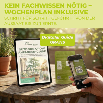 Digitaler Outdoor Grow Anfänger-Guide auf Tablet und Smartphone beim Scannen des QR-Codes auf der Green Home FOKUS Verpackung