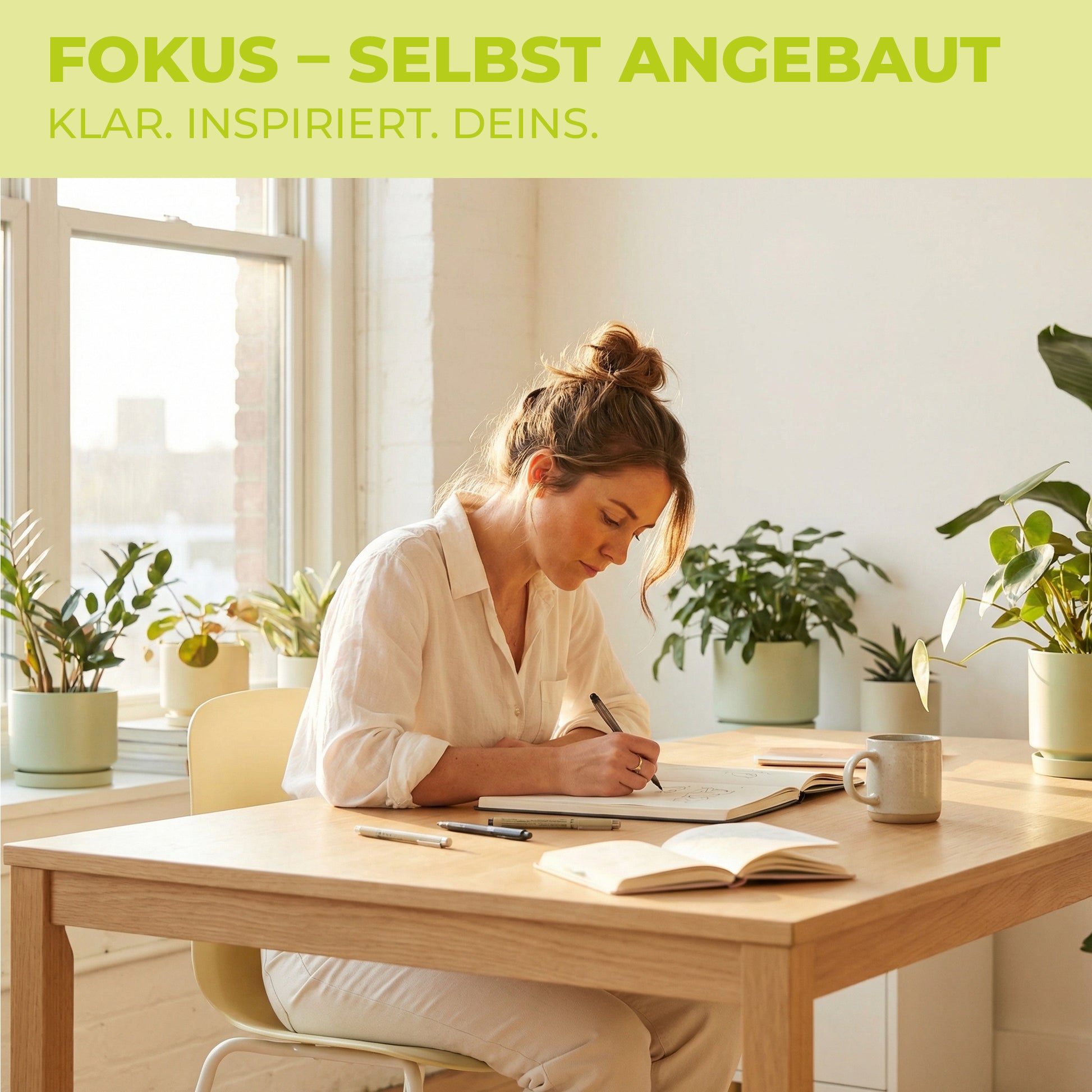 Frau schreibt konzentriert an einem Schreibtisch umgeben von Zimmerpflanzen – Lifestyle-Bild zum Green Home FOKUS Samen Starter-Set