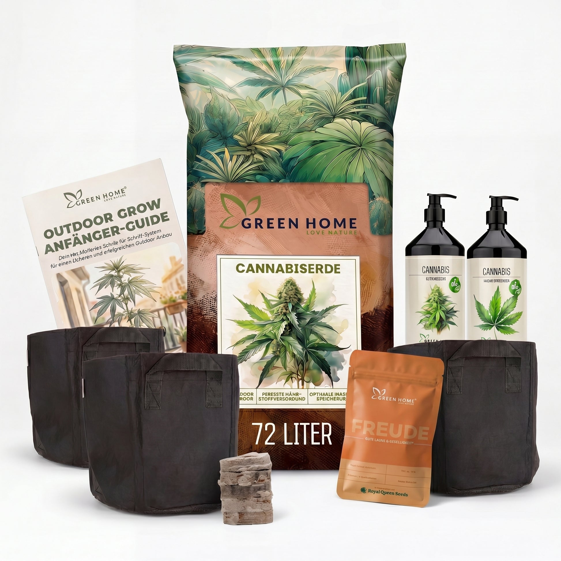 Green Home Cannabis Samen Starter Set Freude mit Royal Lemon Automatic Samen, Cannabiserde 72 Liter, Wachstums- und Blütendünger, vier Stofftöpfen, Quelltabletten und Outdoor Grow Anfänger-Guide