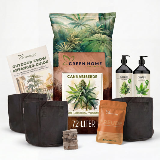 Green Home Cannabis Samen Starter Set Freude mit Royal Lemon Automatic Samen, Cannabiserde 72 Liter, Wachstums- und Blütendünger, vier Stofftöpfen, Quelltabletten und Outdoor Grow Anfänger-Guide