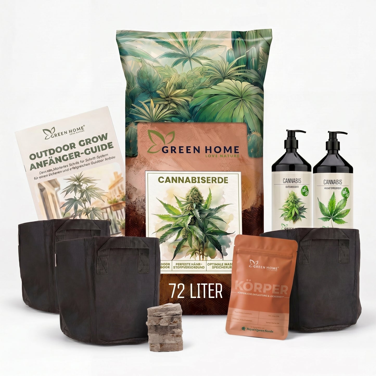 Green Home Cannabis Samen Starter Set Körper mit Royal Cheese Automatic Samen, Cannabiserde 72 Liter, Wachstums- und Blütendünger, vier Stofftöpfen, Quelltabletten und Outdoor Grow Anfänger-Guide