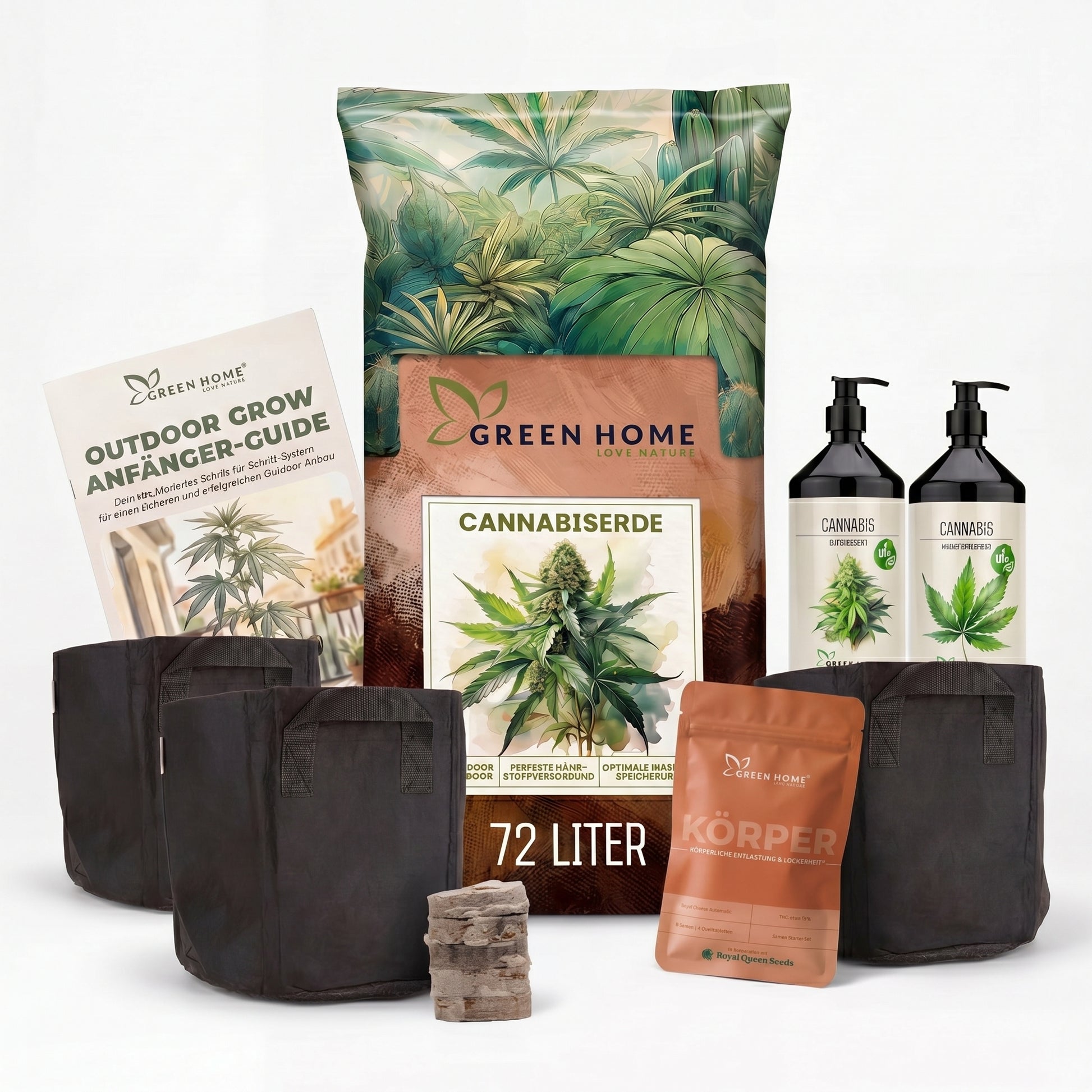 Green Home Cannabis Samen Starter Set Körper mit Royal Cheese Automatic Samen, Cannabiserde 72 Liter, Wachstums- und Blütendünger, vier Stofftöpfen, Quelltabletten und Outdoor Grow Anfänger-Guide