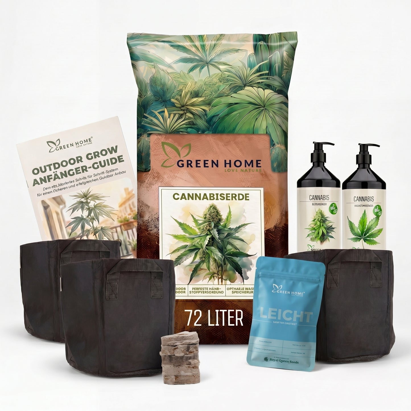 Green Home Cannabis Samen Starter Set Leicht für den sanften Einstieg mit Samen, Cannabiserde 72 Liter, Wachstums- und Blütendünger, vier Stofftöpfen, Quelltabletten und Outdoor Grow Anfänger-Guide