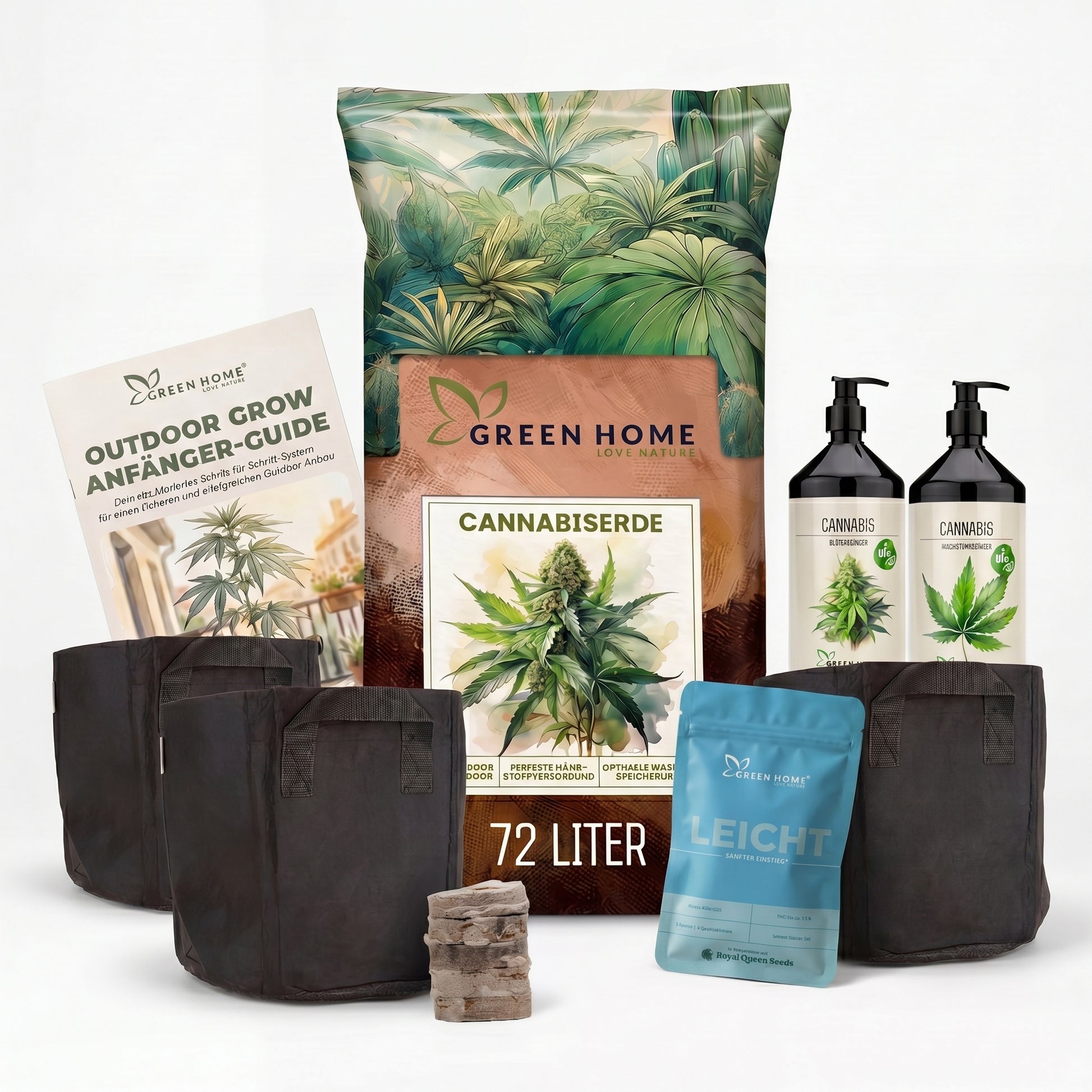 Green Home Cannabis Samen Starter Set Leicht für den sanften Einstieg mit Samen, Cannabiserde 72 Liter, Wachstums- und Blütendünger, vier Stofftöpfen, Quelltabletten und Outdoor Grow Anfänger-Guide