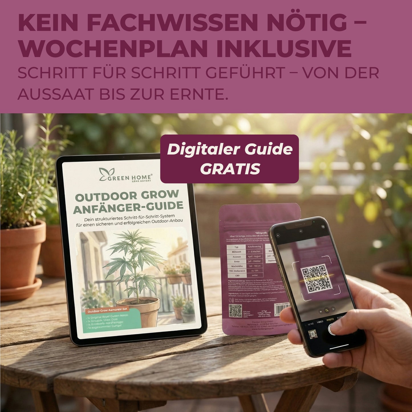 Digitaler Outdoor Grow Anfänger-Guide auf Tablet und Smartphone beim Scannen des QR-Codes auf der Green Home NÄHE Verpackung